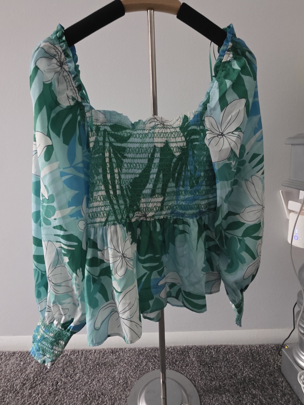 Boston Proper Teal and White Floral Smocked Peasant Top